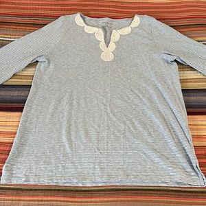 Women’s Talbots Tunic Striped Shirt W/Beading, blue & white size large petite